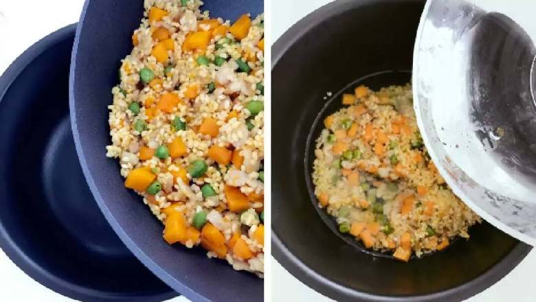 宝宝辅食:南瓜苹果炊饭,把步骤6中炒好的大米混合物放入电饭锅,倒入300g水(大米:水=1:3),并且翻拌均匀,按下电饭锅煮饭模式就可以了。
》煮饭期间,把苹果去皮切丁备用,米饭煮好前10分钟再处理即可,不然容易被氧化。