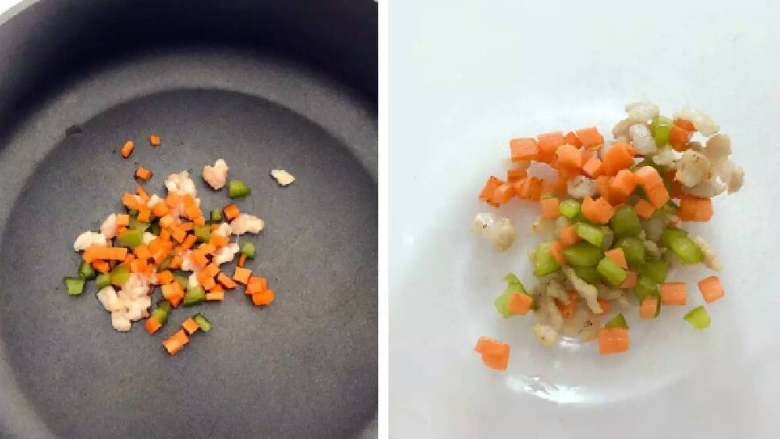 宝宝辅食:玩转鸡蛋系列之—颜值爆表,加强版火烧云,热锅,将猪肉、胡萝卜和青椒丁翻炒至熟,取出备用。
》此时需预热烤箱,140度,上下火,10分钟。