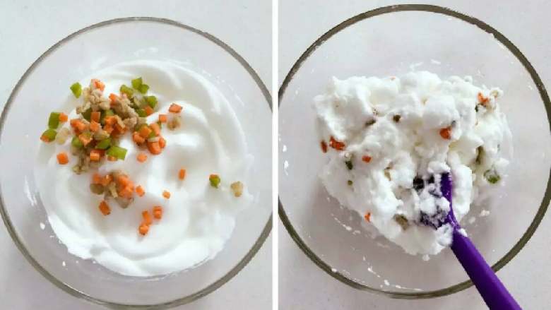 宝宝辅食:玩转鸡蛋系列之—颜值爆表,加强版火烧云,倒入步骤2中准备好的食材,简单翻拌均匀。
》翻拌手法可直接参考之前酸奶溶豆的视频:酸奶溶豆—婴幼儿配方奶粉和酸奶的组合,宝宝真爱哦!10M+