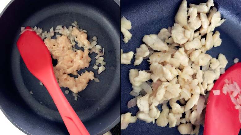 宝宝辅食:三文鱼鸡肉米披萨,锅中放少许植物油,中火加入洋葱煸炒出香味,然后加入处理好的鸡肉丁,翻炒2-3分钟至熟软,鸡肉表面呈现一点金黄色,盛起备用。