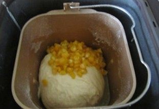 体会不一样的口感----绿茶蛋糕面包, 加入黄油和少许玉米粒,再启动一个和面程序20分钟,拿出来后放入冰箱中冷藏发酵;