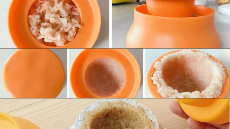 宝宝辅食:可以吃的米饭杯子,用模具,把米饭装入到模具的碗中,直接装满,然后用盖子压实到底,把盖子打开,就可以得出一个紧实的米饭杯子了。
》建议大家在碗中垫一层保鲜膜,这样更好脱模。
》也可以不用模具的哈,拿一个小碗,里面垫一层保鲜膜,装满饭,然后拿另一个小碗用碗背把米饭压实,控制下力量和压的程度即可!
》最后这张图主要让大家看下模具的结构,而且用锡纸包一下,还可以放入烤箱烤几分钟,这样米饭杯子会更香。