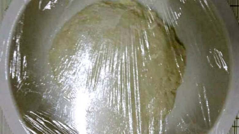 鸡蛋菜肉馅饼+#挑战鸡蛋的100种做法#,放入容器中盖上保鲜膜(我是晚上和的面团,第二天早上做的)