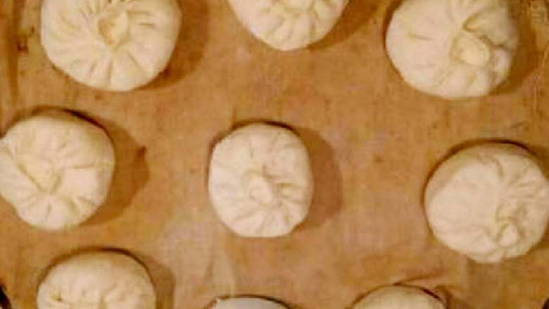 葱香肉包子,包子皮中间厚一点边上薄一点,装上馅料抓褶15-18个褶子,依次做好,静止10分钟。