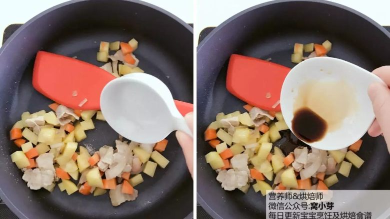 宝宝辅食:日式土豆炖肉,加入一点点盐和宝宝酱油调味,翻炒均匀。