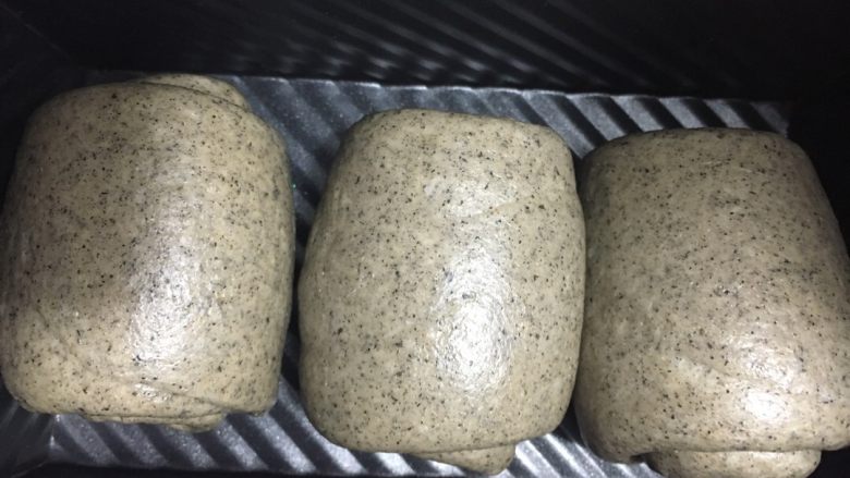 黑芝麻吐司,三个面团分别擀好卷起,整齐地码在吐司盒里