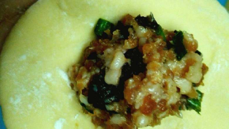 手工肉包子,将包子皮放上馅