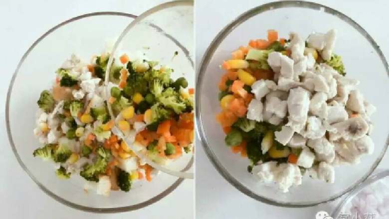 宝宝辅食:什锦咸味早餐面包玛芬,简单营养又美味!18M+,把面包丁放入一个大碗中,加入<a style='color:red;display:inline-block;' href='/shicai/ 29'>洋葱</a>丁、什锦蔬菜和鸡肉粒。