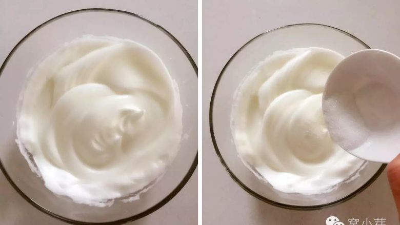 宝宝辅食:啊呜一口,入口即化的棉花蛋糕!,二、蛋白霜制作
3、继续搅打到有点纹路,蛋白霜已经比较细腻,但提起打蛋头尖角下垂的情况下(左侧图片),加入最后一部分糖继续搅打。
