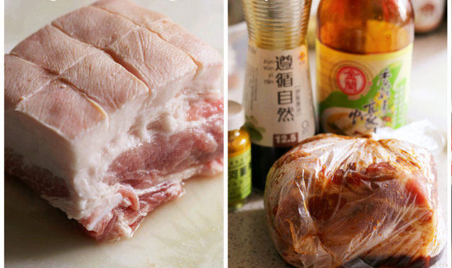 蜜烤蒜香五花肉,五花肉带皮面切出井字纹路,深度约3-4公分,然后放置入滚水中烫约1分钟后取出冲洗干净后擦干,将所有调料混和均匀后涂抹在五花肉的每一面,包括井字纹路内。将抹好酱汁的五花肉入塑料袋中冷藏腌渍约2小时。