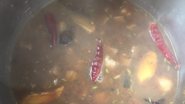 胡萝卜炖牛腩,加开水没过牛腩,加干辣椒,花椒,大料,小茴香,草果煮沸后倒入高压锅,炖牛肉按键炖半小时