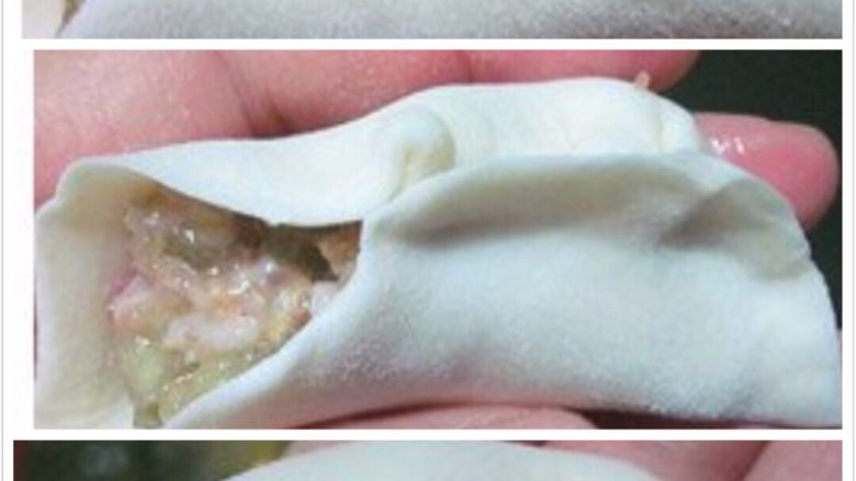 月牙饺,取个饺子皮放上肉馅,将中间捏紧,用左手将右半部分的上皮做一个小波浪捏紧,再继续做两个小波浪,左半部分也以相同的方式捏紧边边。👌