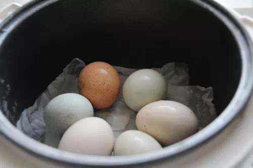煮蛋,<a style='color:red;display:inline-block;' href='/shicai/ 9'>鸡蛋</a>洗干净码进锅里,盖盖、插电、按煮饭键