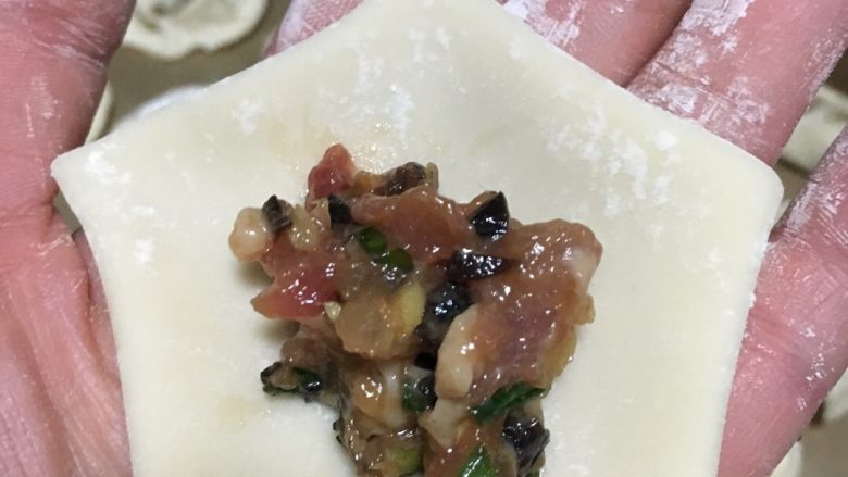 虾仁肉馅三鲜饺,放馅，不要放太多