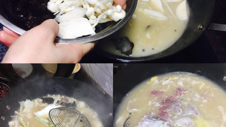家庭版水煮活鱼,汤不够的话这时候可以加点水哦,水沸腾了可以放入金针菇、白菜、杏鲍菇、木耳等,然后就是下鱼片,约10分钟左右就都熟了