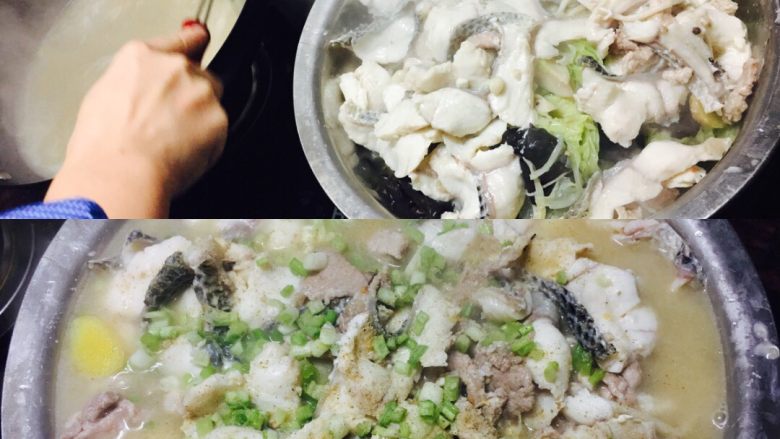 家庭版水煮活鱼,把菜全部捞出,汤也倒到盆子里,就可以等泼油了
