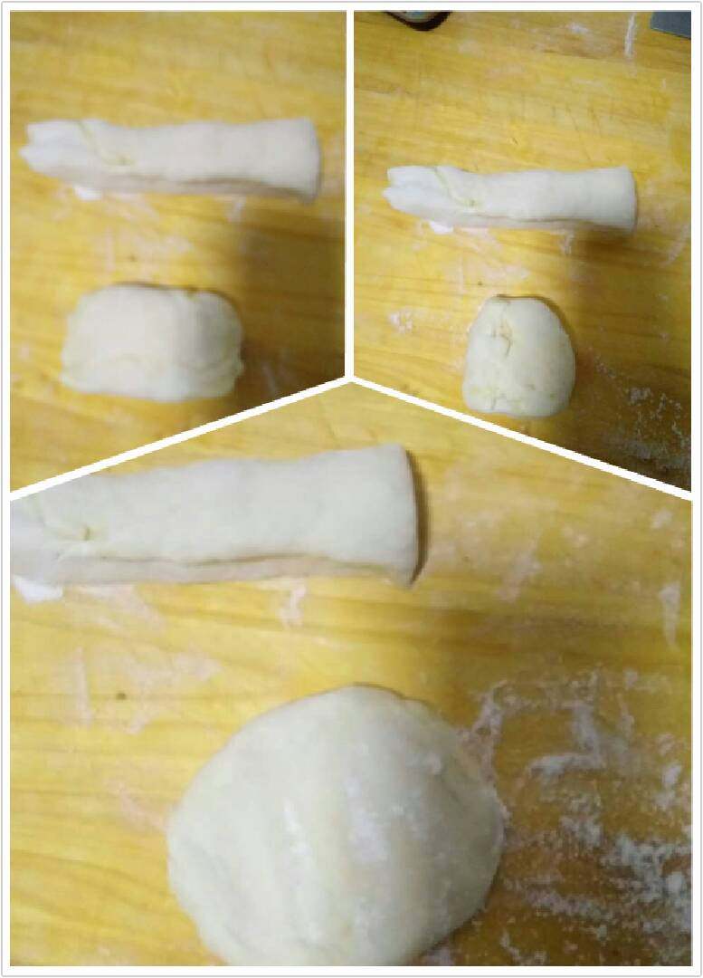 一面两吃家常饼,两端捏紧,向内对折,擀成饼皮。