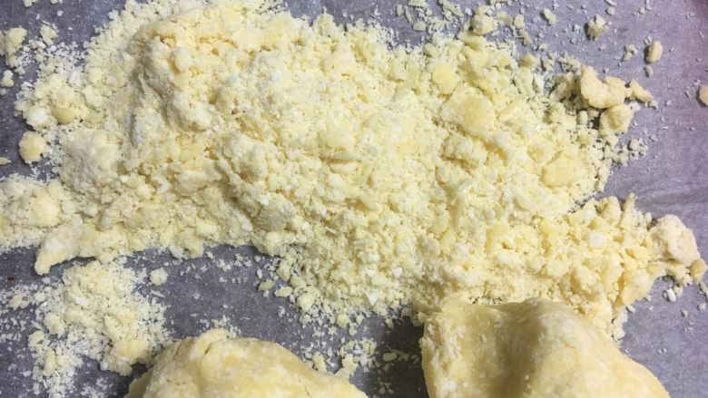 奶油芝士夹心饼干,先初步用刮刀搅拌成絮状,再倒在案板上慢慢揉匀