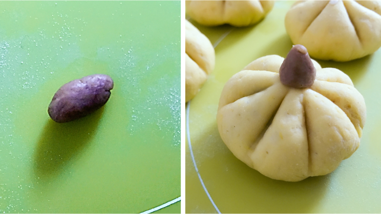 宝宝辅食:南瓜豆沙包,把深褐色面团搓成小棍子形状,用筷子在南瓜中间压一个小坑,把南瓜蒂安装上。
》不太好安装的,可以蘸点水黏上。
》也可以直接拿葡萄干插上,这个更加简单哈。