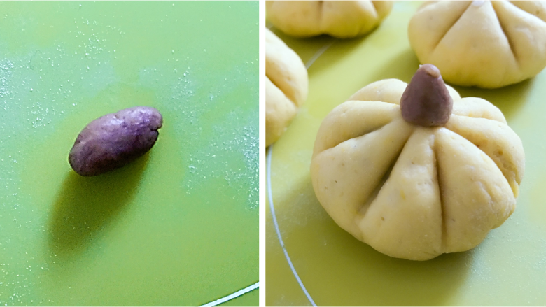 宝宝辅食：南瓜豆沙包,把深褐色面团搓成小棍子形状，用筷子在南瓜中间压一个小坑，把南瓜蒂安装上。
》不太好安装的，可以蘸点水黏上。
》也可以直接拿葡萄干插上，这个更加简单哈。