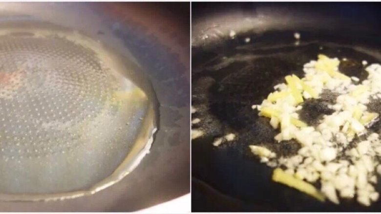 养生营养素菜,起油锅,倒入姜、蒜爆香。