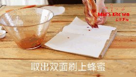 黯然销魂 | 小红锅烤蜜汁叉烧,取出腌好的肉放于长方形的烘焙纸上(烘焙纸尺寸为:20*30cm),肉的两面都刷上<a style='color:red;display:inline-block;' href='/shicai/ 865'>蜂蜜</a>。