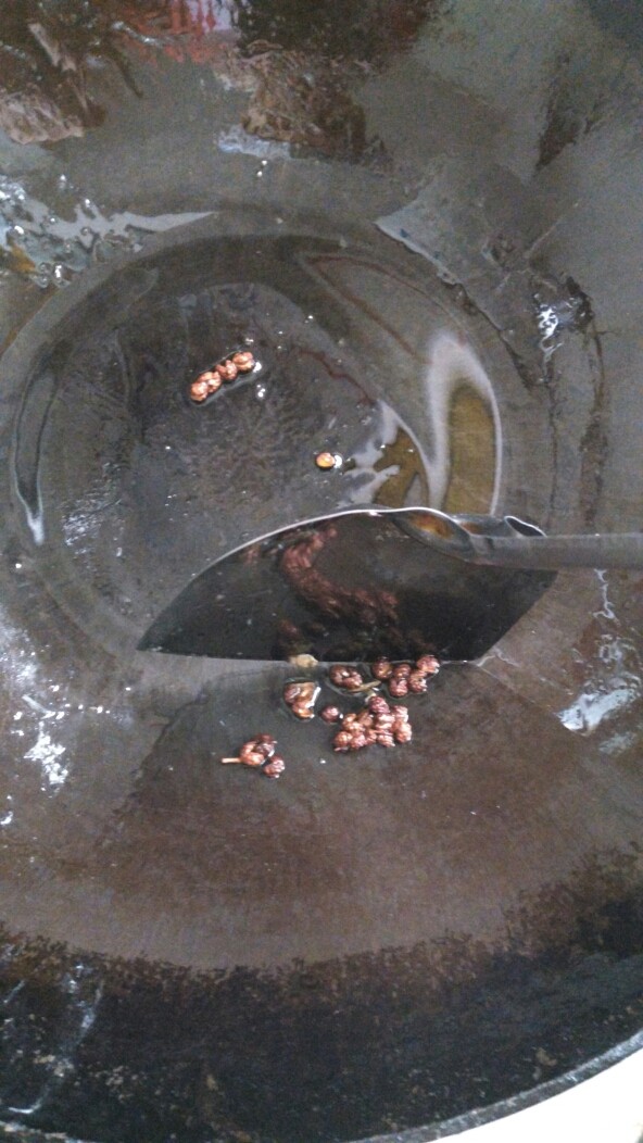 ≈红烧鲫鱼≈,用锅内的底油,爆香花椒,待花椒变焦后捞出不用