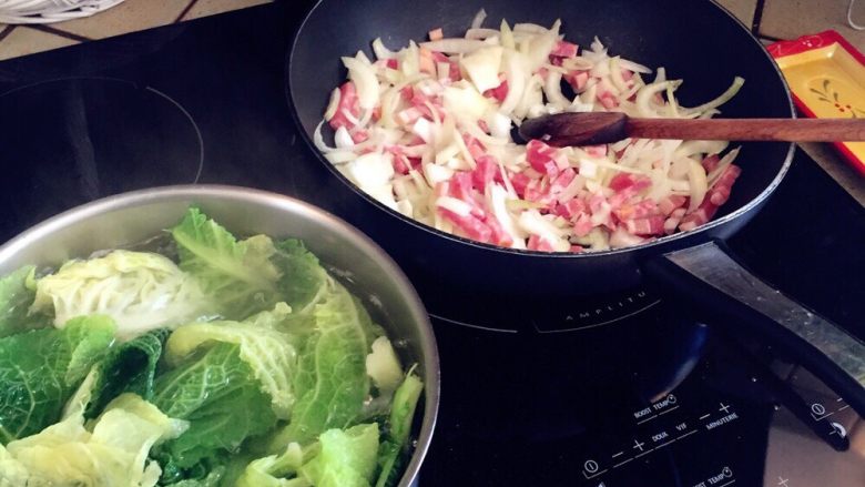 La tourte !包菜,菜用盐水煮沸,肉和<a style='color:red;display:inline-block;' href='/shicai/ 29'>洋葱</a>一起炒香,如果是腊肉不建议再放盐,如果不是可以适量调味。