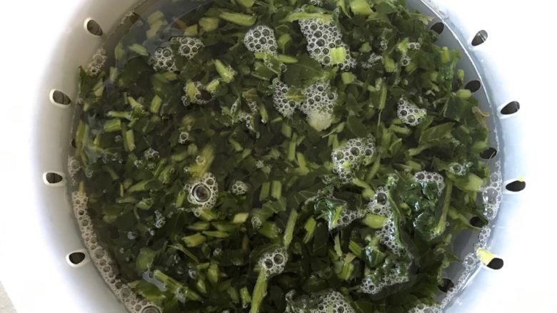 雪菜肉丝#春意绿#,放入盐水里面浸泡15分钟