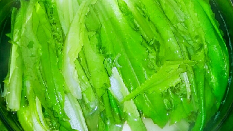 家常凉拌油麦菜,焯水,开水中加少许盐,水沸入菜,均匀沾过热水马上捞出,多过几次凉水。