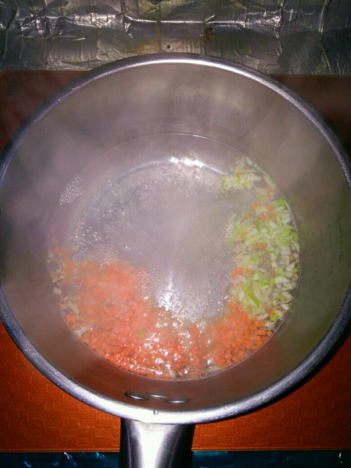 家常风味豆腐,锅内温水,放入葱、姜、胡萝卜。