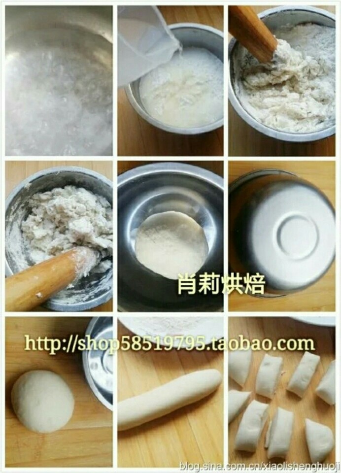 【春卷皮 京酱肉丝面饼 烤鸭饼皮】,图1、将水加热到沸腾
图2-5、取50克开水加面粉中,将三分之二面烫熟拌匀,然后和剩余干面混合把面揉好。如果老年人吃水可以适当多加一点。
图6、面揉成团后,放面板上,用盆盖住,静置一会儿
图7、将静置的面团,揉光滑。
图8、将面团揉成长条。
图9、将条状面切成均匀的8个剂子。