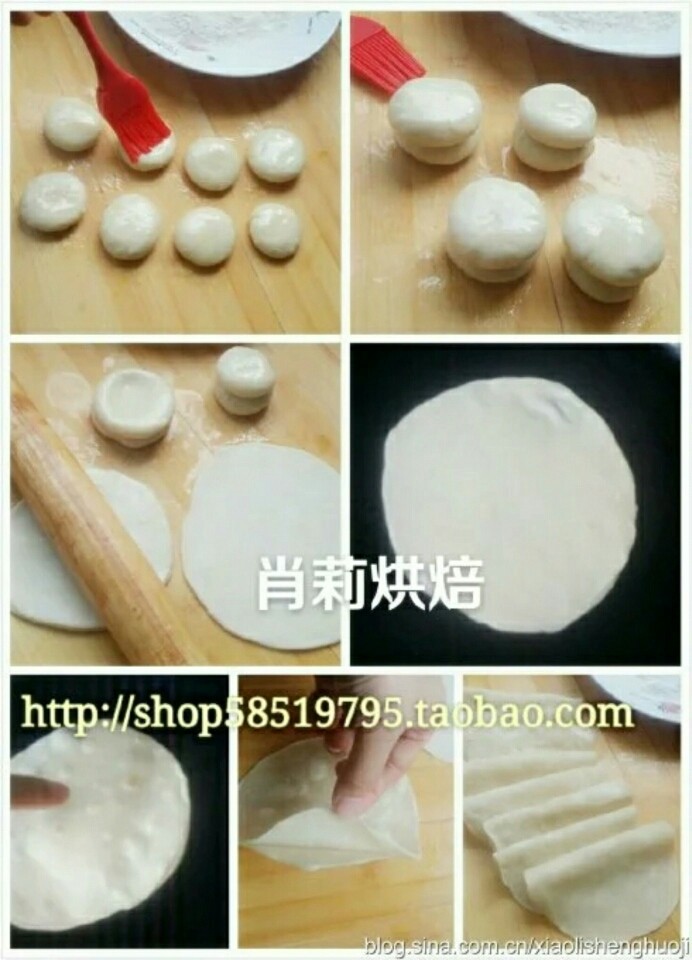 【春卷皮 京酱肉丝面饼 烤鸭饼皮】,图10,将面剂子揉圆,用硅胶刷子(点此进入),在剂子表面刷上油。
图11、将剂子两个两个地叠放在一起
图12、将剂子擀成圆片。
图13、火上坐平底锅,用小火,将擀好的面片放入锅内。
图14、用小火,将面两面翻动,烙至中间有鼓起时,出锅,继续下一张。
图15、将面饼稍放凉,从边上有痕迹的地方开始,把面饼轻轻地分成两层即可。