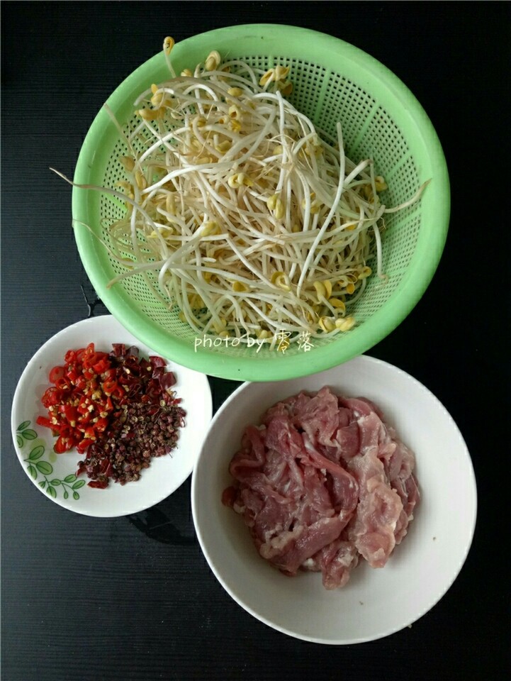 水煮肉片,备好食材：<a style='color:red;display:inline-block;' href='/shicai/ 34494'>猪瘦肉</a>洗净，切肉片，豆芽洗净备用；小米辣洗净切碎，<a style='color:red;display:inline-block;' href='/shicai/ 86474'>干辣椒</a>切碎，再备好<a style='color:red;display:inline-block;' href='/shicai/ 700'>花椒</a>；