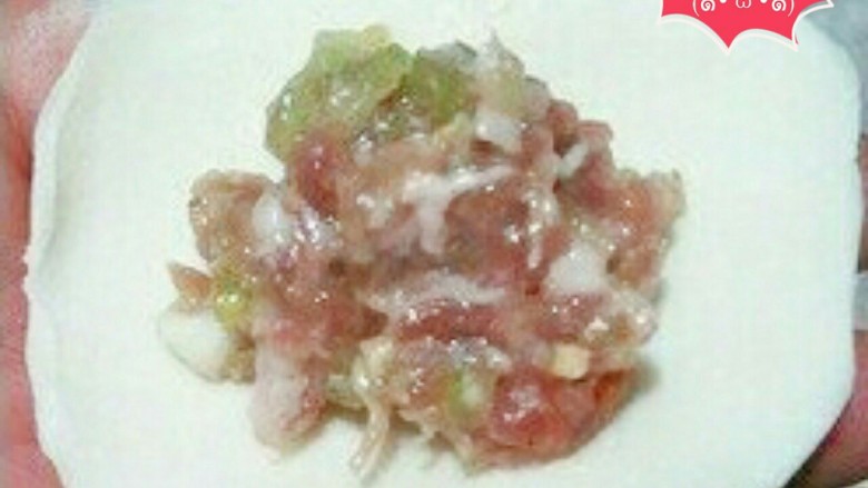 元宝饺子,包饺子:取一饺子皮,放入馅料(馅料尽量放于中间)
