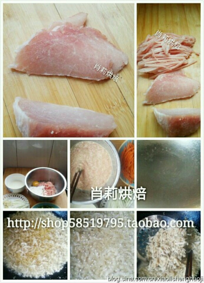 京酱肉丝,
图1、2、取冻肉,切片,切丝
图3、4、肉丝中加入1个鸡蛋,淀粉,盐,少许水拌匀。
图5-8、将拌好的糊糊,放入2成热的油锅中炸熟捞出