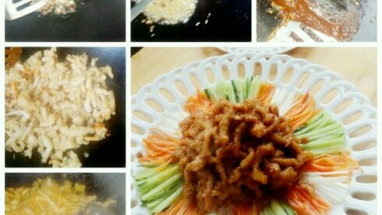 京酱肉丝,图19、油锅中放少许料油,加蒜末煸稥
图20、加姜末,葱丝煸稥
图21-27、加甜面酱煸稥,加白糖,白酱油,料酒,清汤翻炒,把炸好的肉丝放入,加入盐,五香粉,翻炒,临近出锅时稍勾芡,加味精,香油即可出锅。