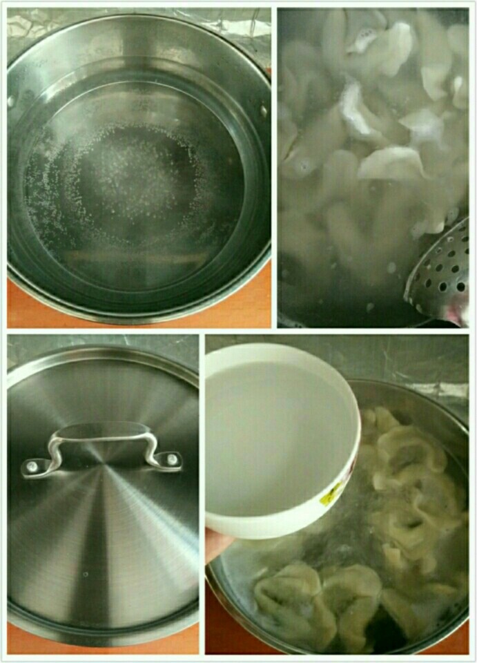 家常猪肉韭菜水饺,1、锅底水起大泡未沸时,放少量盐,防止饺子互粘;
2、下饺子,用勺轻推饺子转一圈,防止粘在锅底;
3、盖上锅盖煮,沸时开盖,加入一碗凉水,再盖上锅盖煮,反复三次(一共加三碗水)。