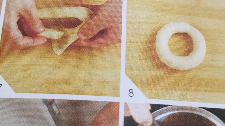 巧克力甜甜圈,3将在次松弛好的面团擀成牛舌状面片，用手向上向内卷起，揉搓成圆柱形面团。用擀面杖的一端，衔接上另一端并粘紧，做成圆圈形。