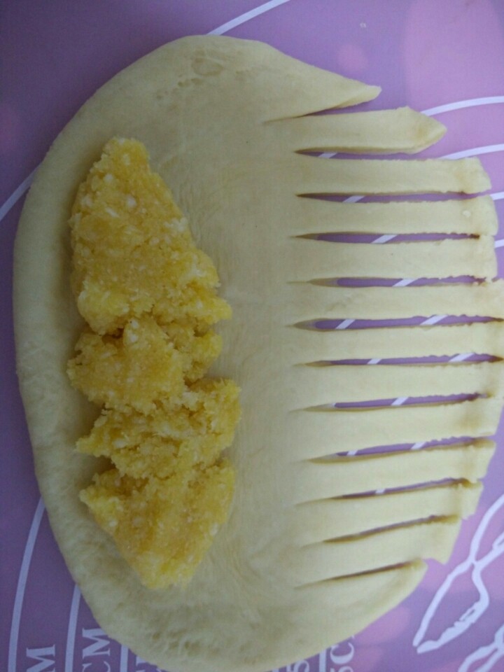 椰蓉毛毛虫面包,拿一块面团擀开,一端放入椰蓉馅捏好,另一边用刀切开如图