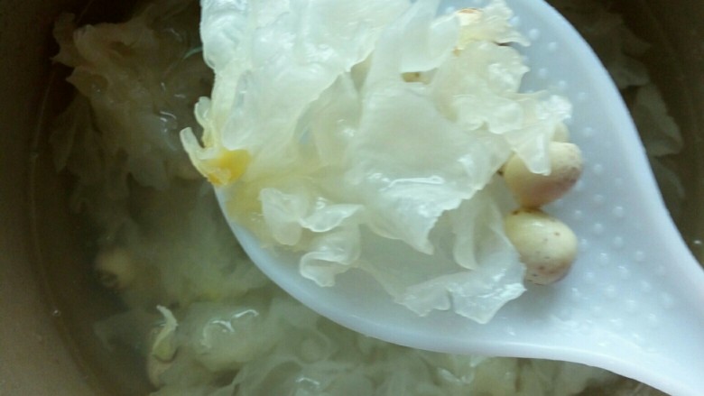 银耳莲子百合羹,泡发后的银耳,去蒂,分成小块,加入莲子百合一起清洗干净,就可以入锅了。加入二倍的水,就开煮了!