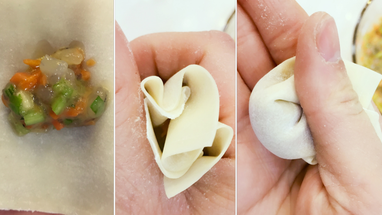 宝宝辅食:虾仁时蔬小馄饨-13M+,最简单的馄饨包法,将馅料放在馄饨皮中间,对角折起后放在虎口,另一只手用筷子按住馅料,抽出筷子,虎口收紧,然后再用大拇指压一下,这样就很牢啦,而且本身馅料已经黏,稍稍捏紧一点就好。