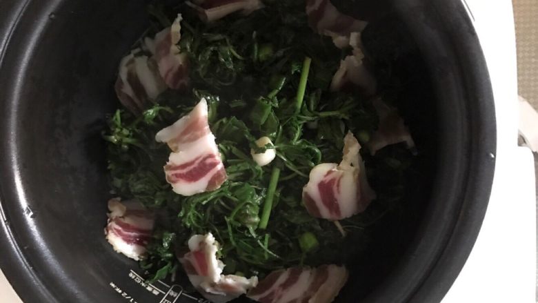 正宗的荠菜米饭,最后把菜和腊肉倒入刚刚洗好的米饭上面。盖上盖子像平常煮米饭一样煮开就行了！