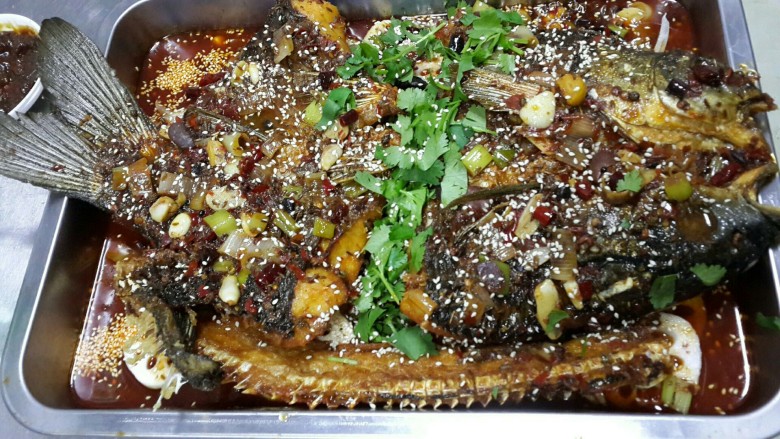 麻辣烤鱼,火上烧开锅,撒白芝麻,香菜