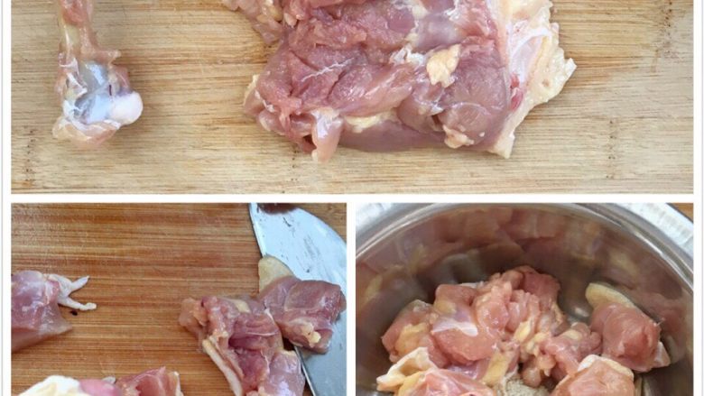 比传统咕咾肉好吃N倍~秘制爱心菠萝鸡肉,给鸡腿排去骨和多余的鸡油(剔下的骨头和鸡油可以熬点鸡汤)切成2厘米见方的块,用盐、胡椒粉各1/2小勺和黄酒1平勺抓匀腌制30分钟入味备用