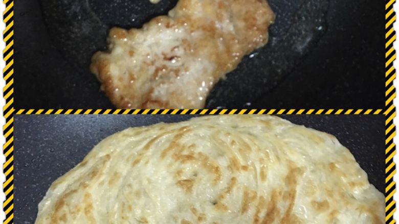 手抓饼,先煎猪扒,猪扒先撂起来,待用,再煎手抓饼皮,慢火煎至两面金黄。