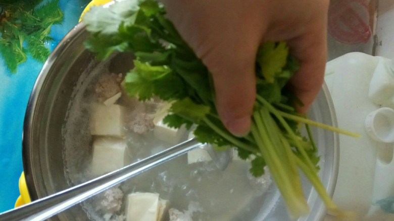 豆腐肉丸清汤,感觉肉丸和豆腐熟了就放入香菜