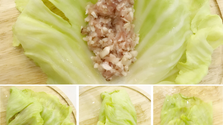宝宝辅食：包菜马蹄瘦肉卷-24M+ ,菜叶中放入肉馅，两边向中间折叠，然后往上卷起。
肉馅不要放入太多，太多的话卷的时候容易挤出来，小芽的肉馅大概做了5个卷，大家根据实际情况调整