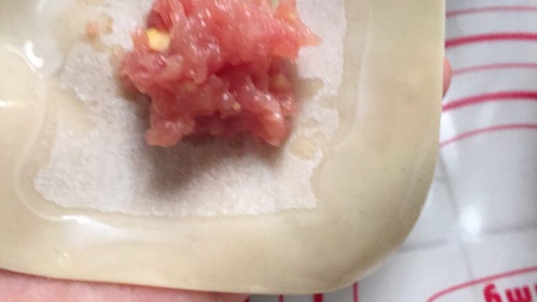上汤小云吞,在馄饨皮中间放上肉馅,四周沾水