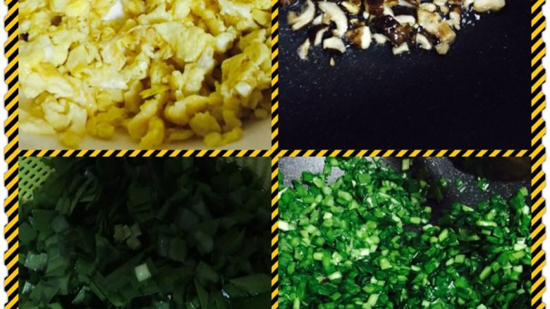 韭菜盒子,爆炒鸡蛋,香菇丁,再把韭菜切成小粒,炒几下,加盐,鸡精,三样食材都放凉待用。